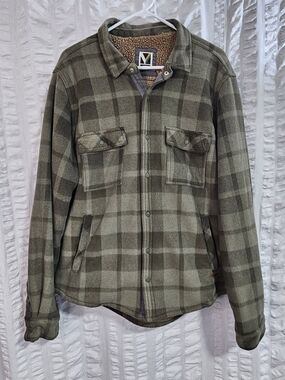 Mens Voyager Green Plaid Long Sleeve Sherpa Lined Shirt Jacket Snap Button